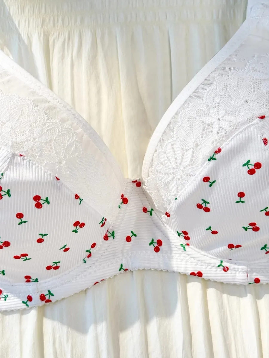 Plus Size Women Cherry Pattern Lace Underwire Bra And Panty Set Adjustable Straps Soft Unpadded Breathable Lingerie Set
