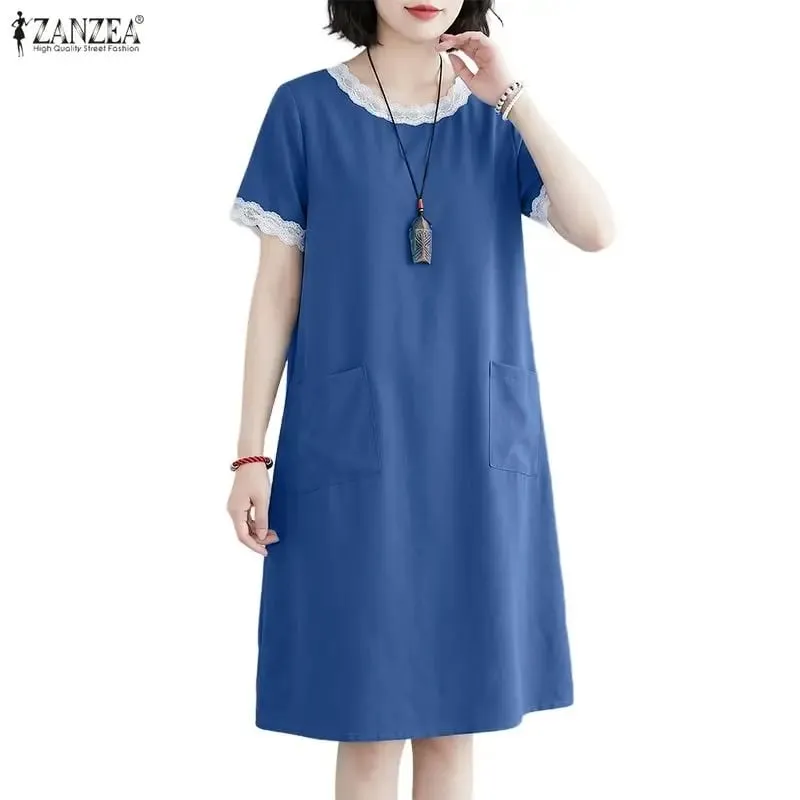 Women Summer Loose Knee-Length Dress Lace Patchwork O-Neck Short Sleeve Pockets Solid Color Dresses ZANZEA Everyday Wear Robes