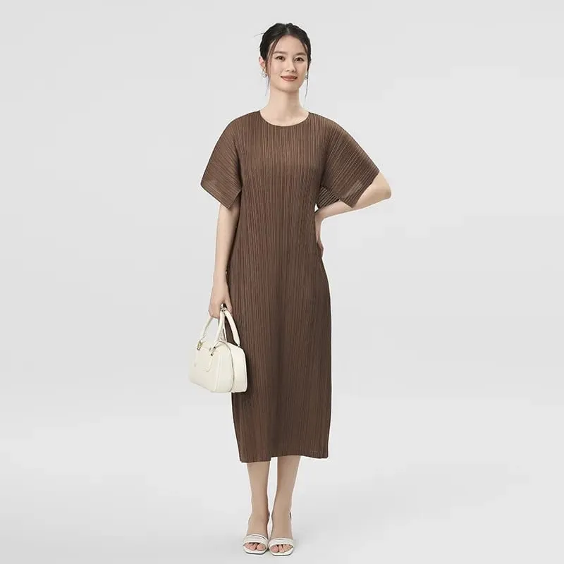 Miyake Pleated Dresses 2026 New Puff Sleeve V-Neck Loose Simple Slimming Elegant Long Dress Women's Draped Comfortable Clothing