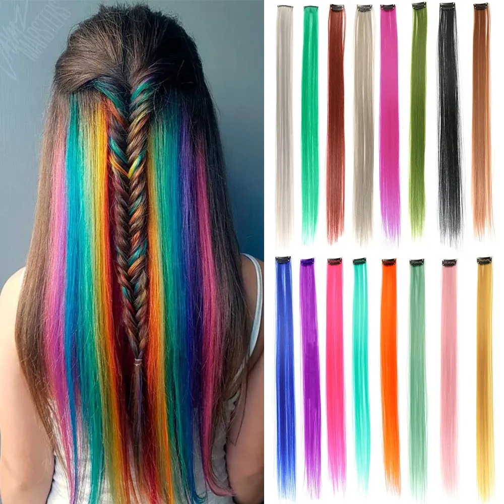 Synthetic Clip In One Pieces Hair Extensions Straight Synthetic Hair Pieces 22Inch Long Ombre Hair Pink Purple Red Blue