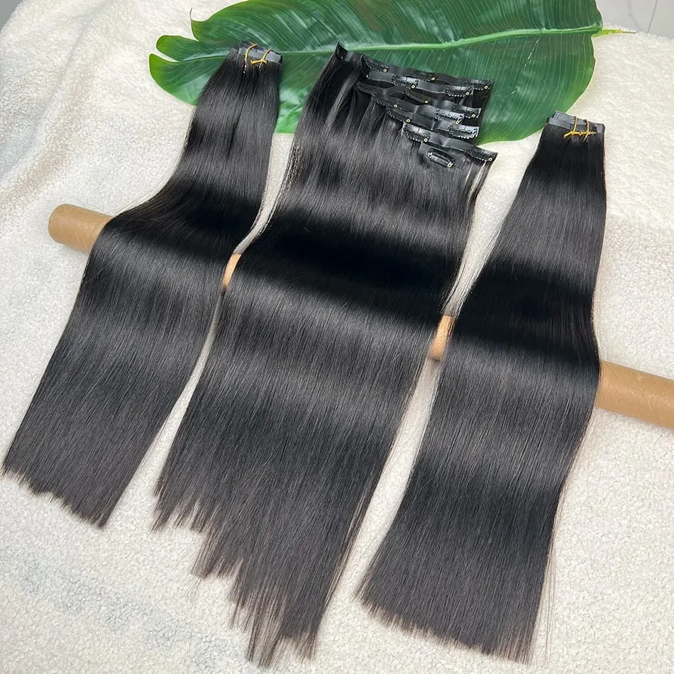 Double Drawn Straight Clip Ins Human Hair Extensions #1B Natural Black Color 100grams 7Pcs/Set Seamless PU Weft Clips in Hair