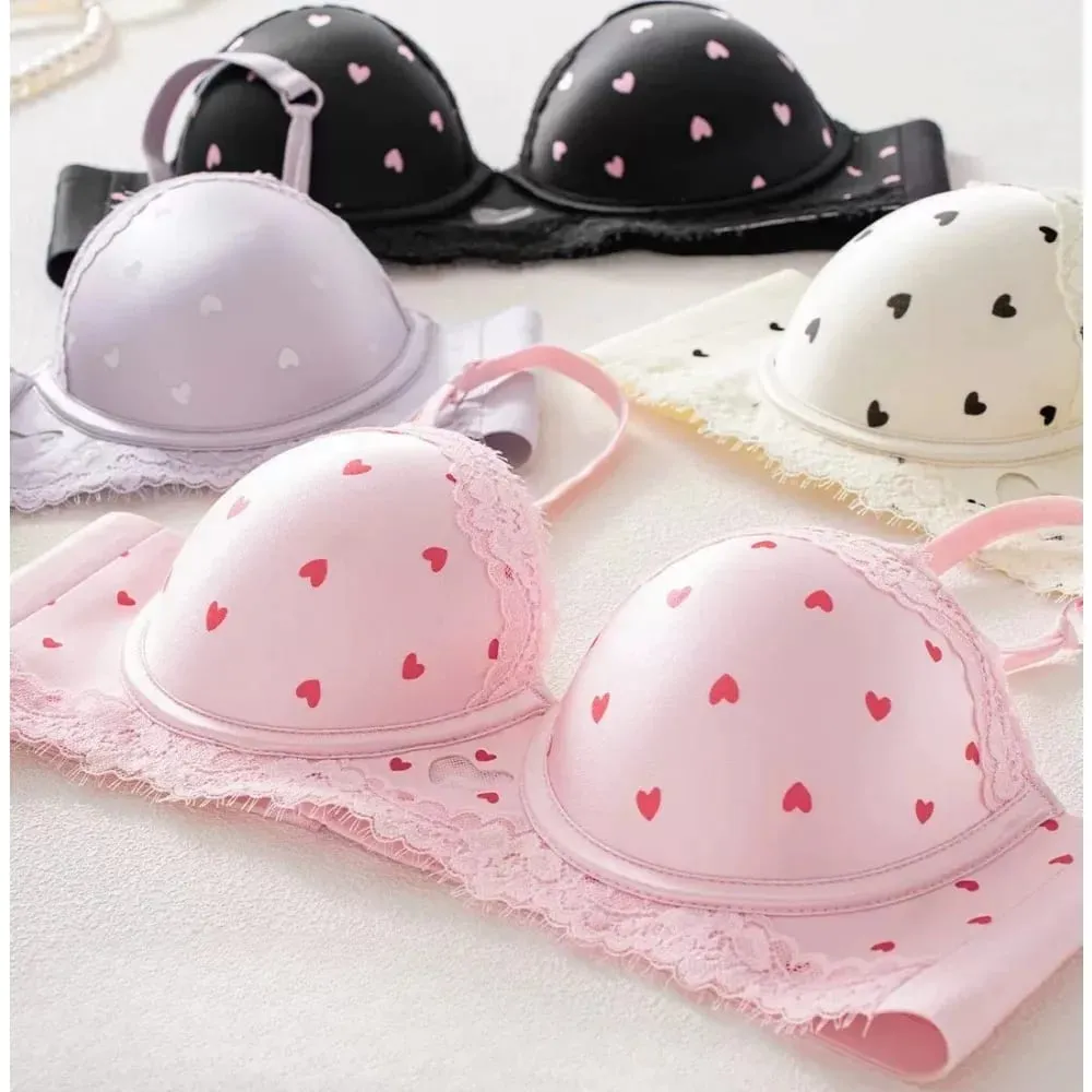 Kawaii Sweet Heart Lace Bra Panty Set Push Up Small Breast Side Collection Anti Sag Comfort Women Underwear Lingerie 32-38 Size