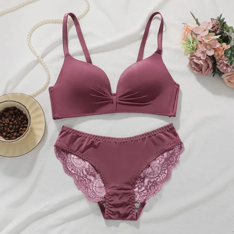 Solid Color Lace Bra Set Women Wireless No Underwire Push Up Bra and Panty 2 Piece Set Daily Comfortable Lingerie
