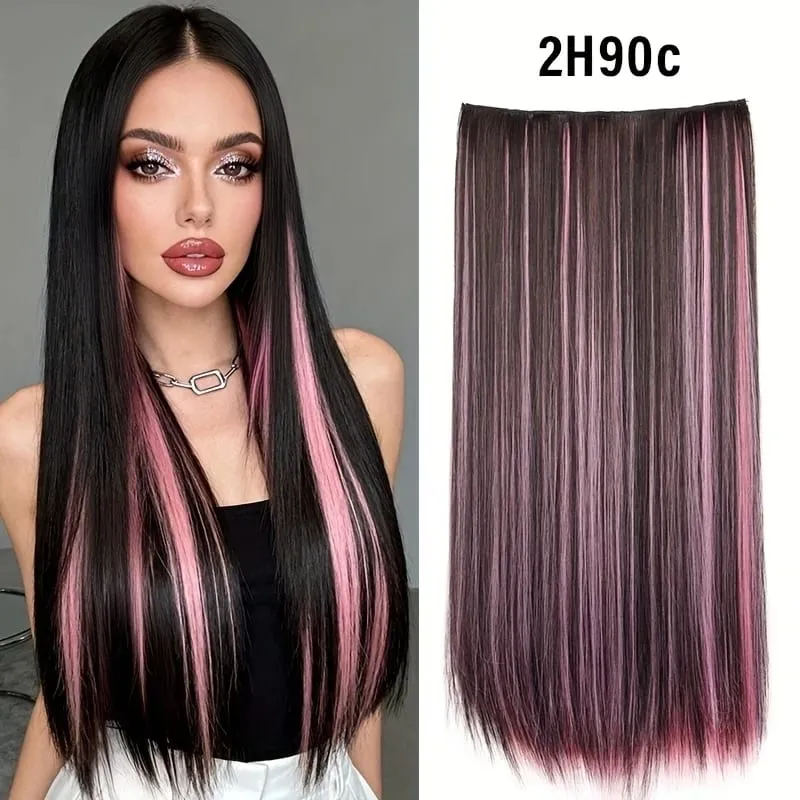 Synthetic 24Inch Long Straight 5 Clips Colorful Highlight Hair Extension Natural Soft Silky Hairpiece for Women Daily Use
