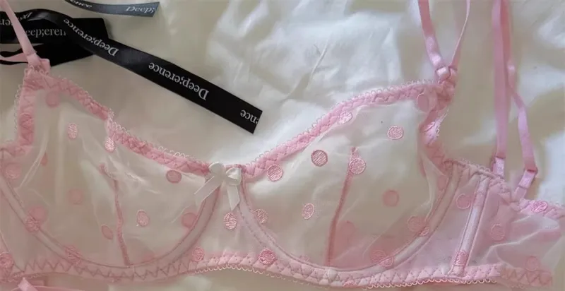 French Retro Lace Bra & Thong Set | Sexy Polka Dot Sheer Mesh Lingerie for Plus Size Big Bust Ultra Thin MOYISU Panty TUSHY Set