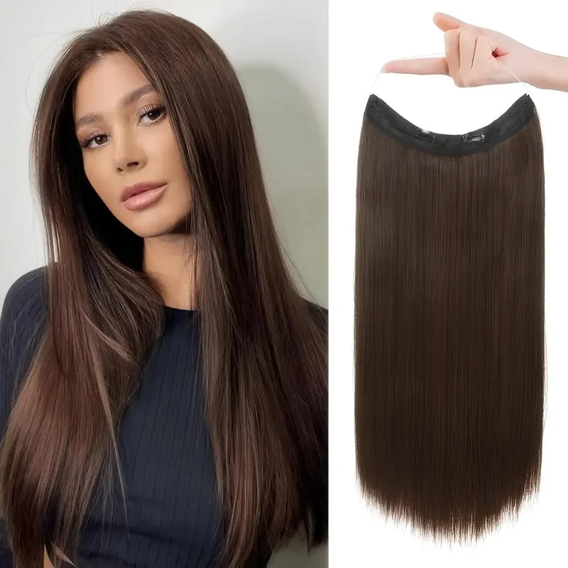 Invisible Halo Hair Extensions Real Human Hair Fish Wire Adjustable Band Secret Clip-in Extension for Women Chocolate Brown