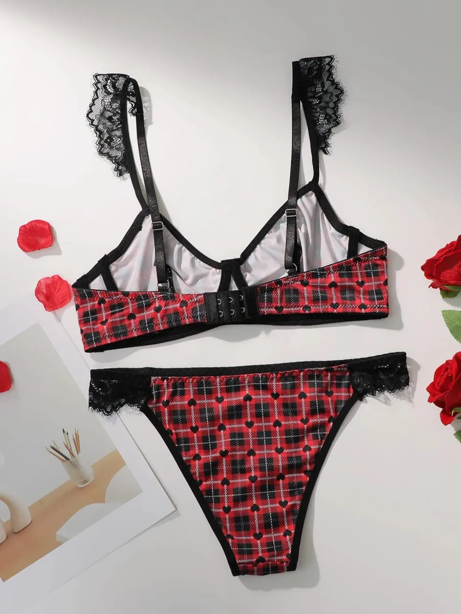 Women Plaid Heart Print Lingerie Set Lace Spaghetti Strap Bra And Panty Set Soft Comfortable Ladies Intimate Sleep Underwear Set