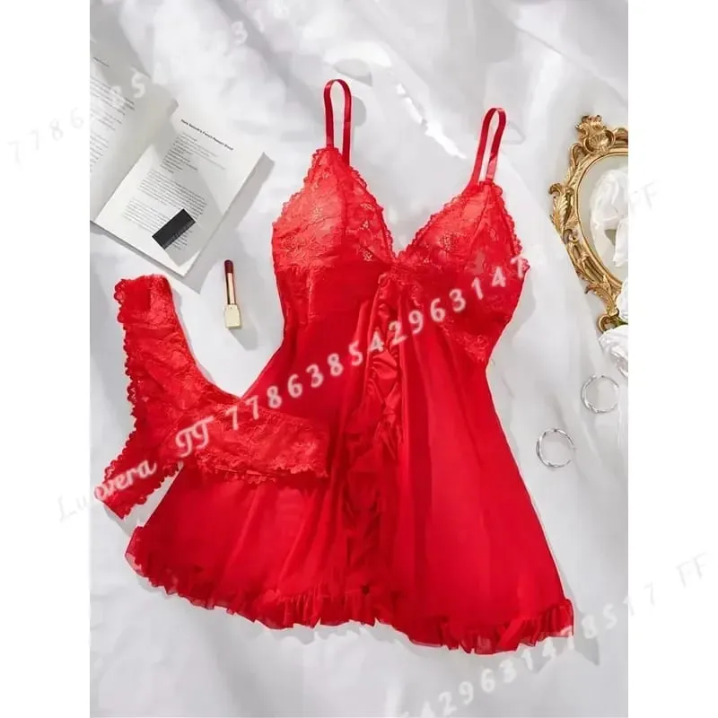 Women Sexy Lingerie Set Lace Bra Nightdress Solid Color Slim Fit Soft Sleepwear Erotic Underwear Dress