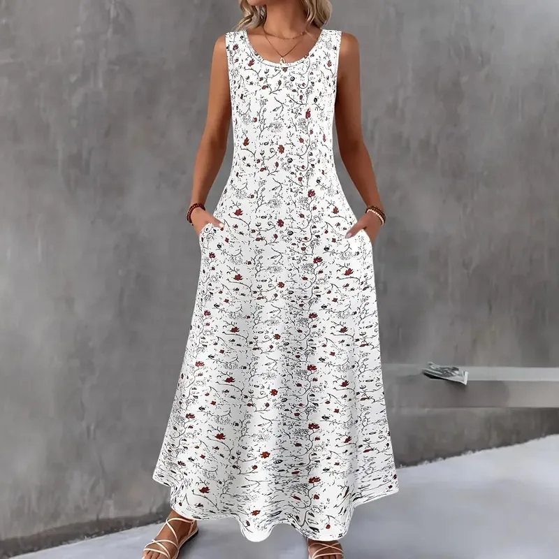 Women Summer Casual Sleeveless Floral Print Maxi Dress O Neck A-Line Long Dress With Pockets Loose Vestidos Beach Sundress