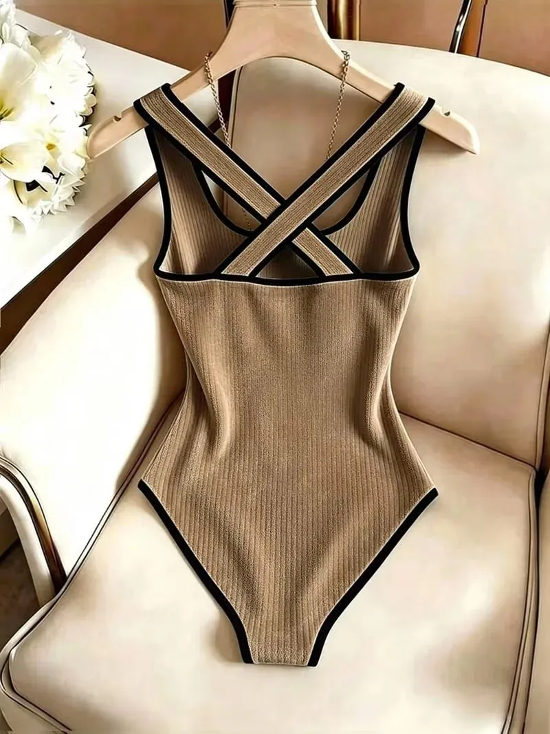 Women Ribbed Knit Bodysuit Sleeveless Tank Top Crisscross Back Black Contrast Trim Slim Stretch Casual Streetwear — image 3