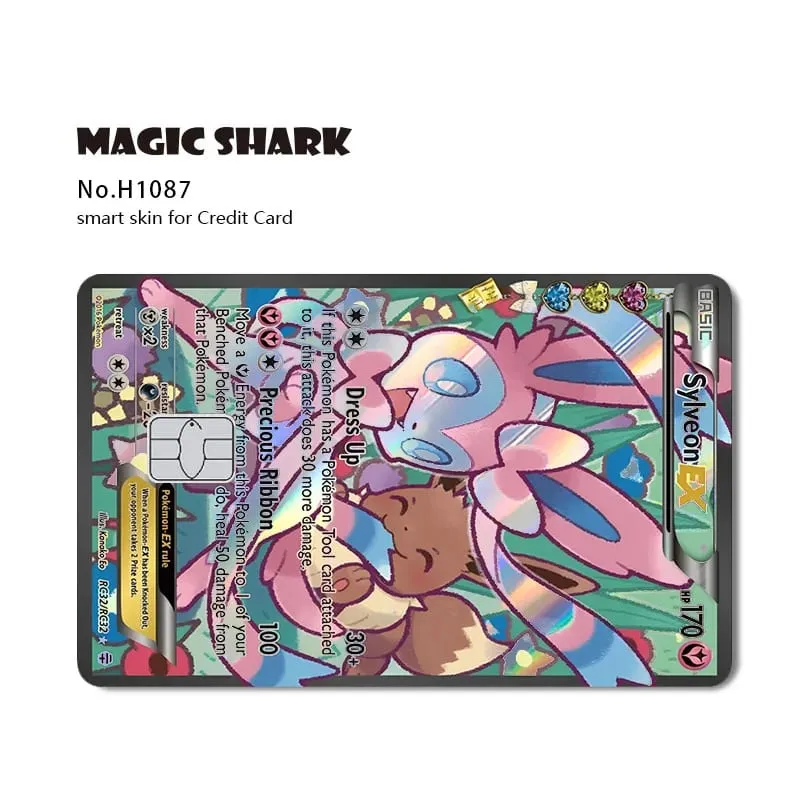 Magic Shark Mew Charizard EX Eevee Gengar Pikachu TCG Card Holographic Laser Skin Film Sticker for Bank Credit Card