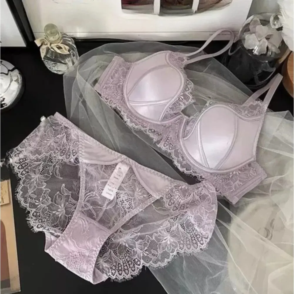 Satin Lace Push Up Bra Women Sexy Thin Breathable Minimizer Full Coverage Anti Sagging Wireless Lift Lingerie 32-38AB