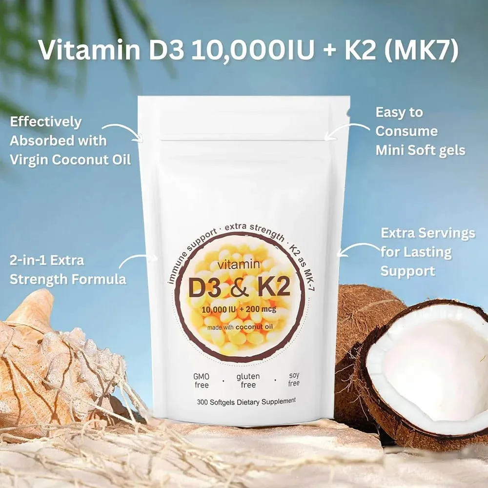 180/300 Vitamin D3 K2 Softgel Supplement with Coconut Oil - 2-in-1 Vitamins D & K Complex | Extra Strength Easy to Swallow