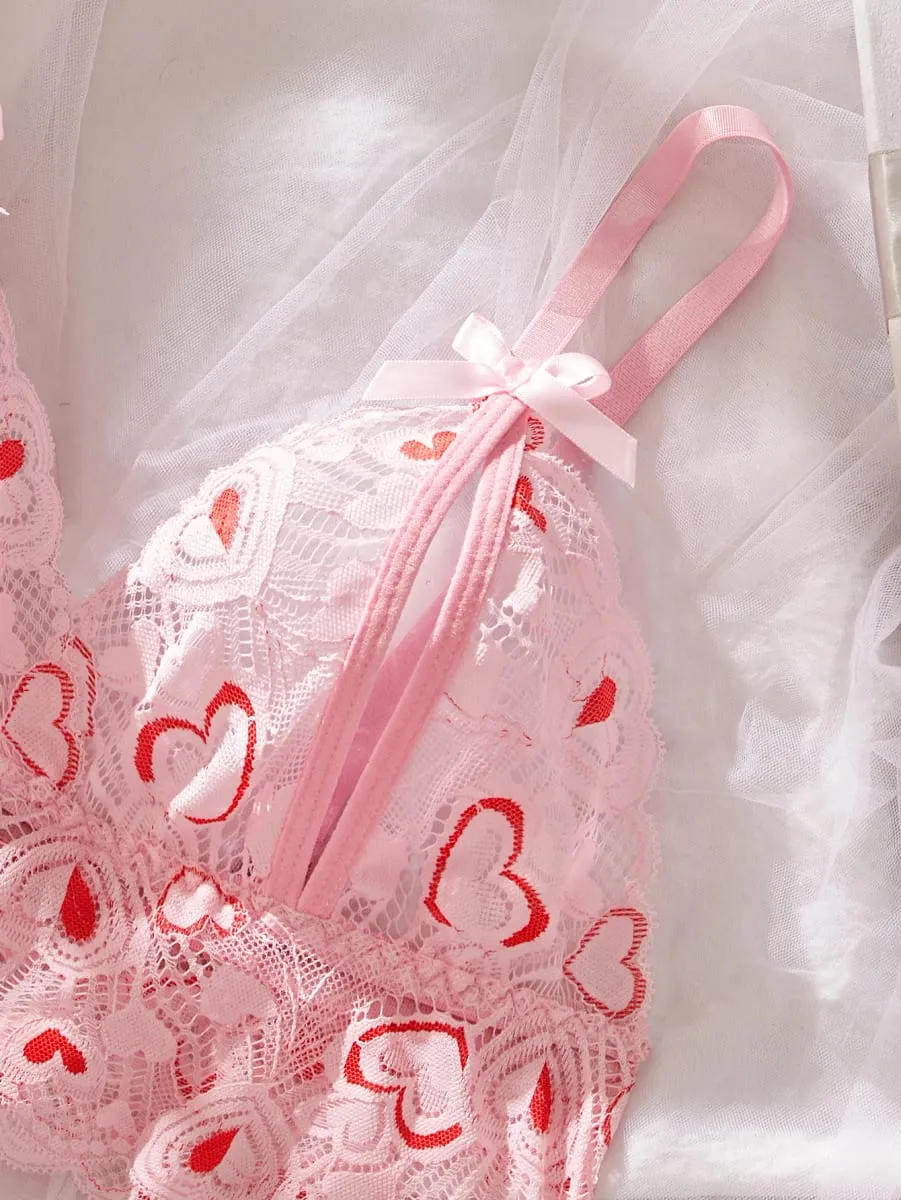 Sexy Strap Lingerie Set Women Bra And Panty Lace Heart Print Hollow Out Open Crotch Bras Panties Intimate Wear Clothing