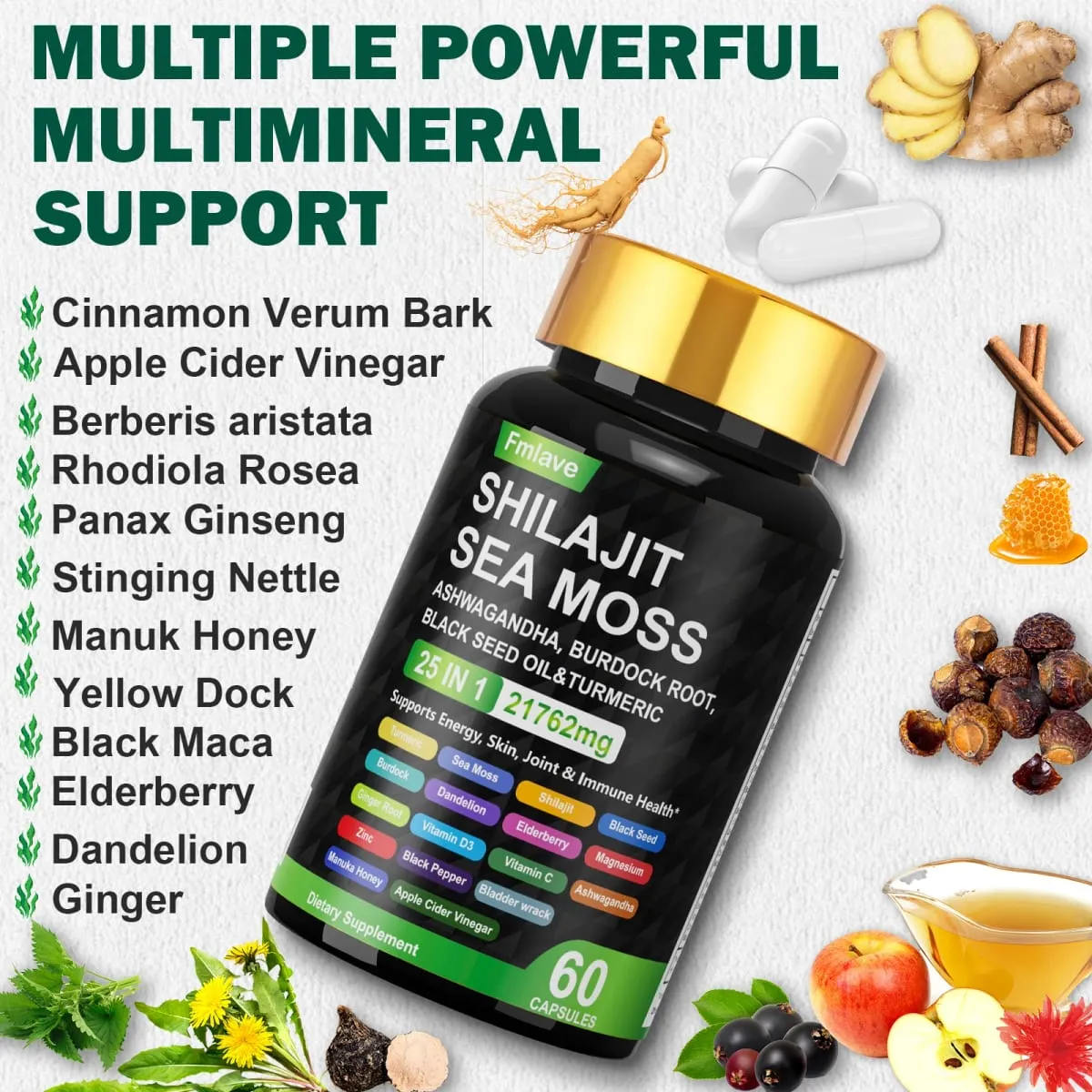 Sea Moss Shilajit Ashwagandha Sea Moss Capsule Supplement with Turmeric Burdock Root Bladderwrack Vitamin C Vitamin D3 Enhanced Immunity & Energy Black Seed Oil Capsule