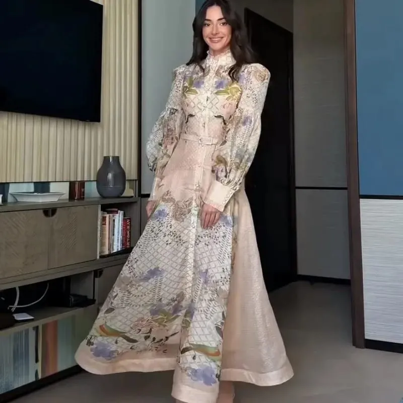 Robe longue rétro à imprimé Floral pour femmes, avec ceinture à pampilles, col montant, manches longues, Kaftan musulman, Robes de printemps, nouvelle collection 2026