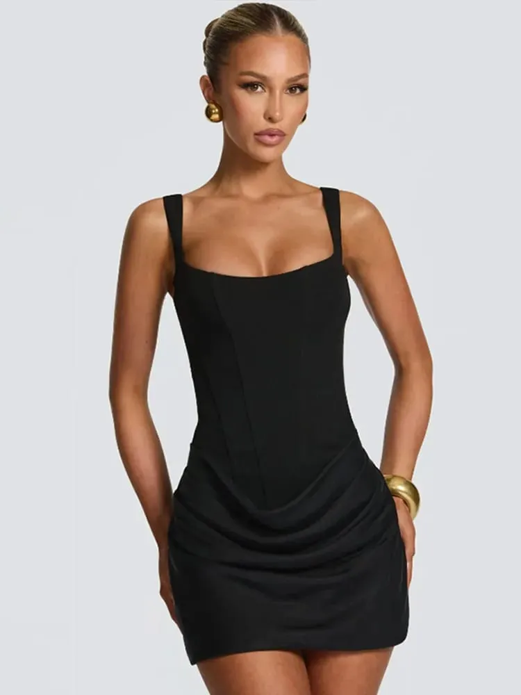 Sexy Square-neck Halter Mini Dress Women 2025 Pleated Sleeveless Backless High Waist Bodycon Dresses New Summer Lady Party Robes