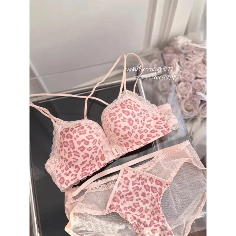 Leopard Print Front Button Bra Set Push Up Petite Women Backless Sexy Lingerie for Party Gathering Enhance Bust Show Larger S-XL