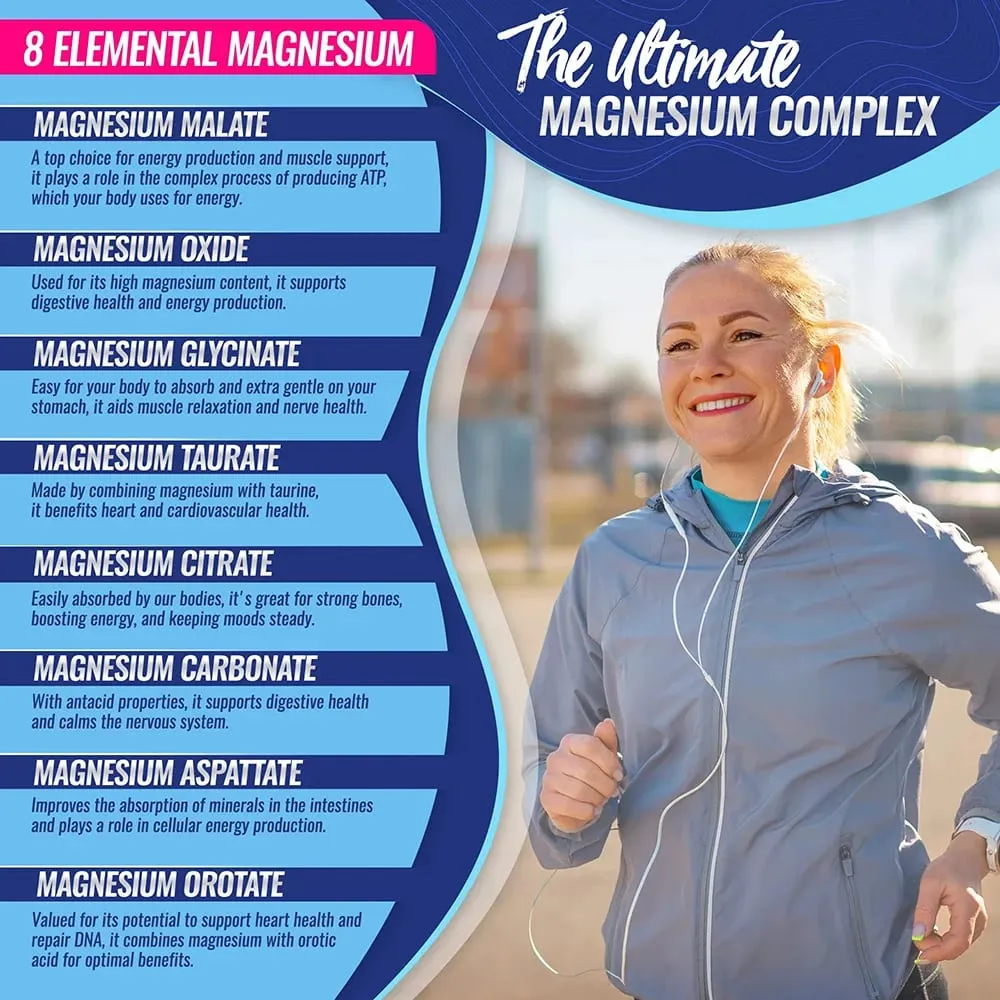 Magnesium Complex Supplement 1000mg - Magnesium Glycinate Citrate Malate Taurate for Bones Muscle Energy 90 Vegan Capsules