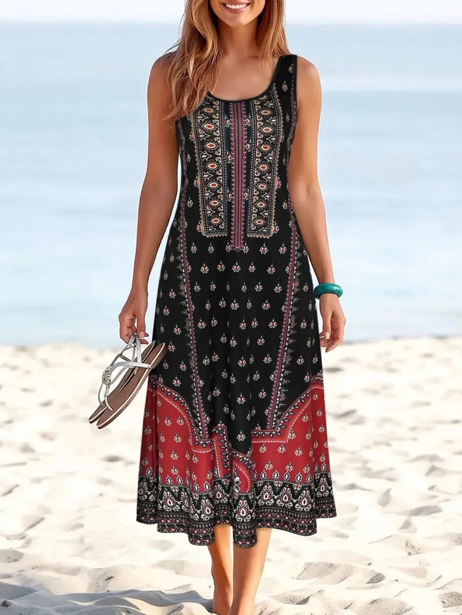 Women's Tribal Print Sleeveless Midi Dress Round Neck Loose A Line Casual Sundress Summer Beach Boho Vacation Dress