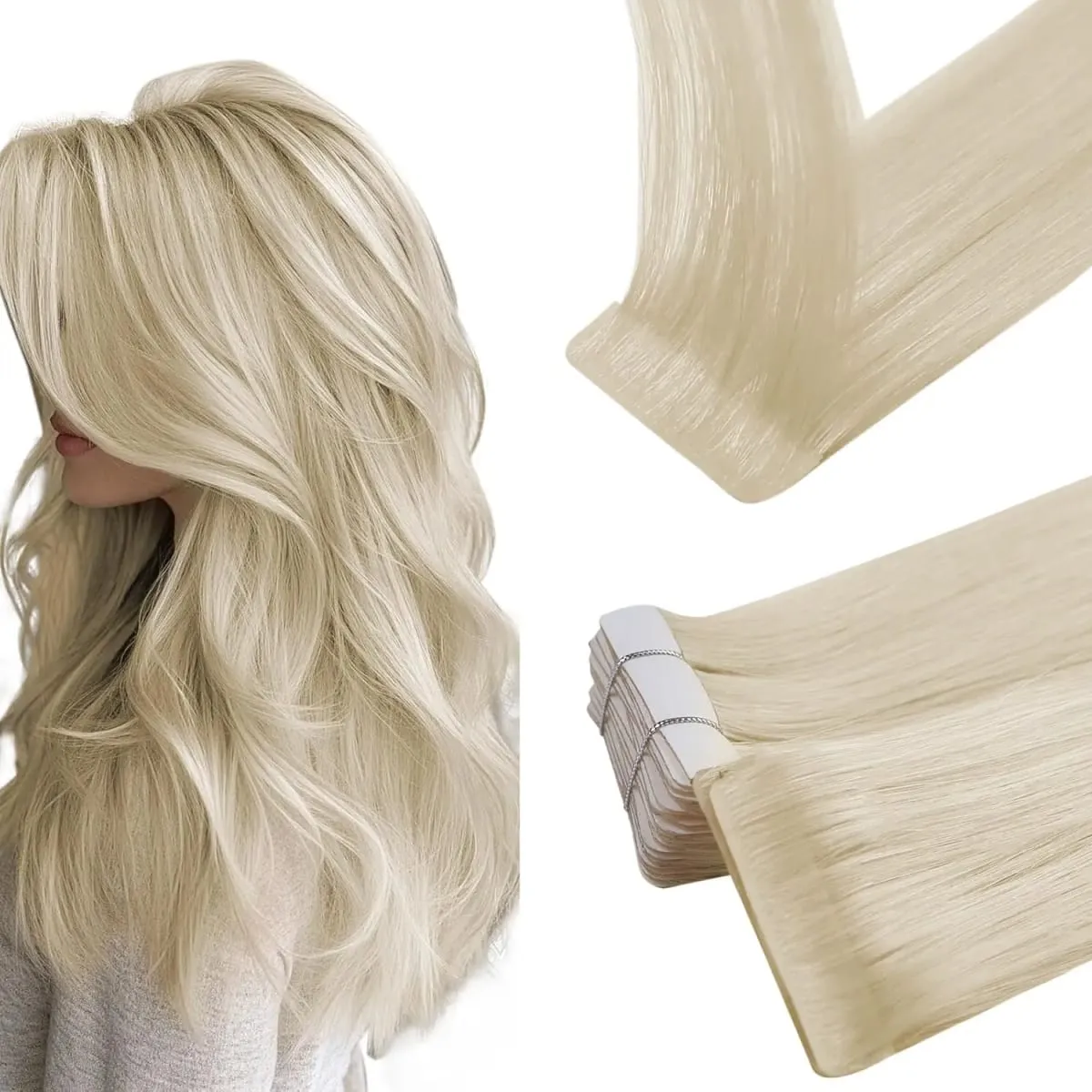 Platinum Blonde #60 Straight Tape In Hair Extensions 50g/20pcs Adhesive Glue Skin Weft Invisible Tape In Human Hair Extensions — image 1