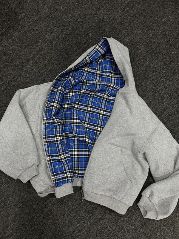 Winter Casual Plaid Print Hoodie Women's Warm Zip-Up Double-Sided Wear Sweatshirt Female Fashion Trendy Loose Hooded