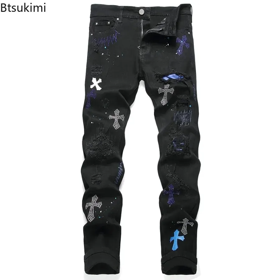 2026 New Men's Fashion Crystal Cross Stretch Denim Jeans Holes Ripped Distressed Black Pants Embroidery Slim Tapered Trousers