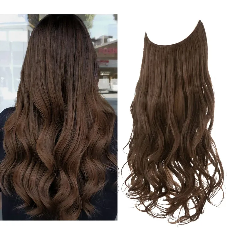 Sintético sem clipes na extensão do cabelo natural ombre preto loiro rosa uma peça onda longa fio invisível falso pedaço de cabelo