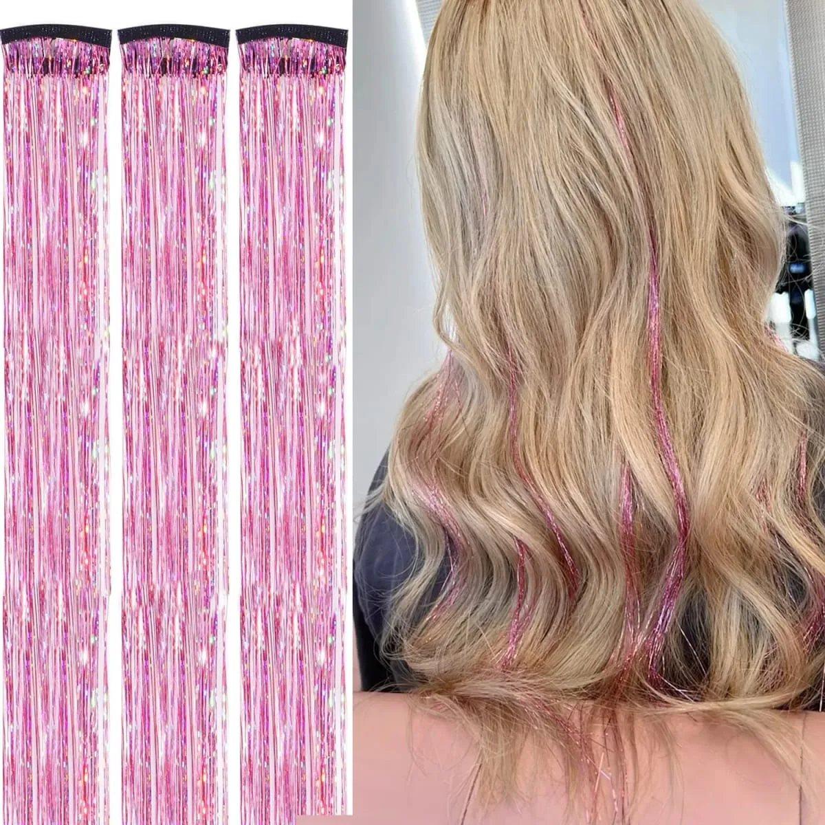 Hair Tinsel Clip in Dreamy Colorful Fairy Hair Tinsel Kit 24 Inch Glitter Clip in Hair Extensions for Girls Women Synthetic