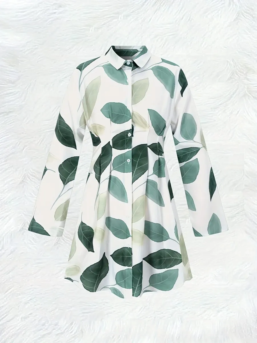 Women Green Leaf Print Lapel Shirt Dress Button Down Loose Casual Daily Beach Vacation Mini Dress