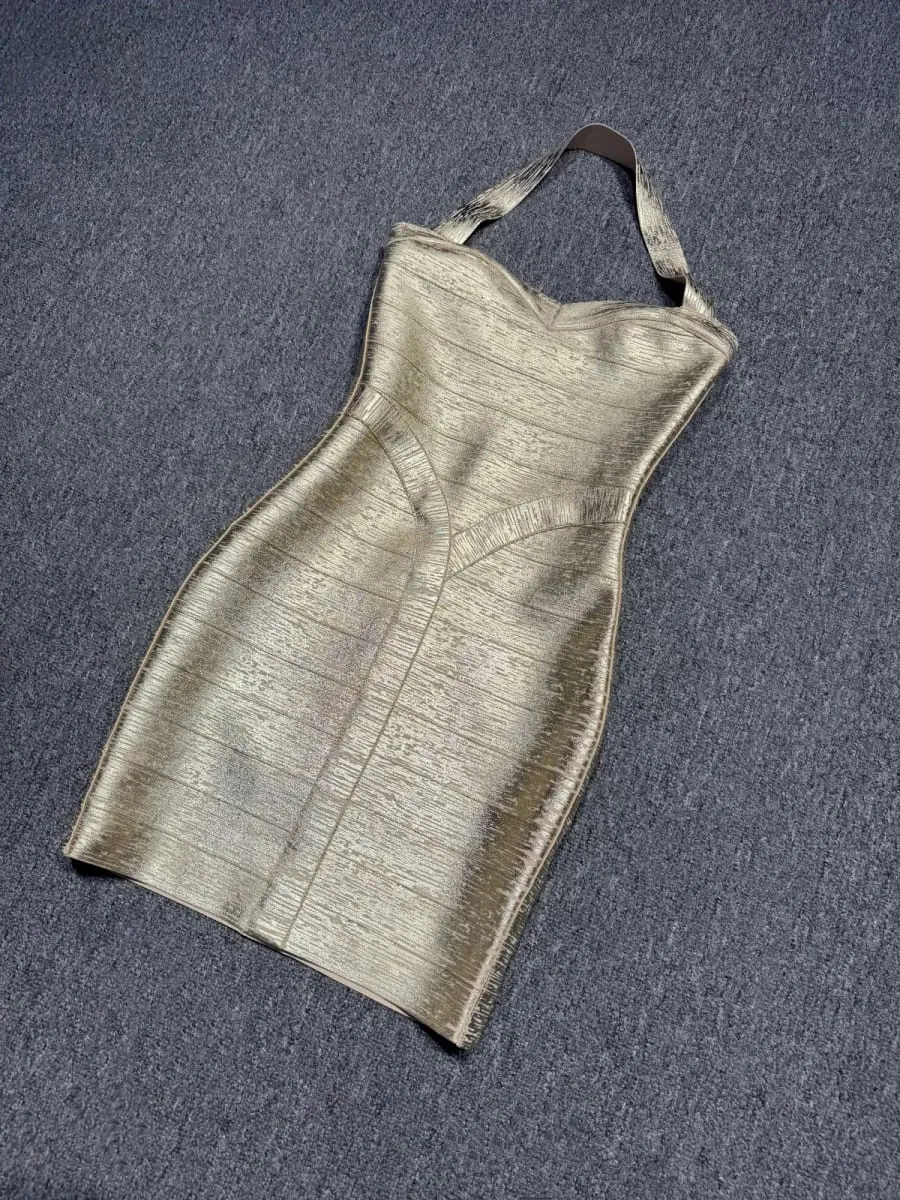 Fotos reais feminino ouro bronzeamento bandage vestido bodycon mini high street noite clube festa vestido de baile atacado dropship