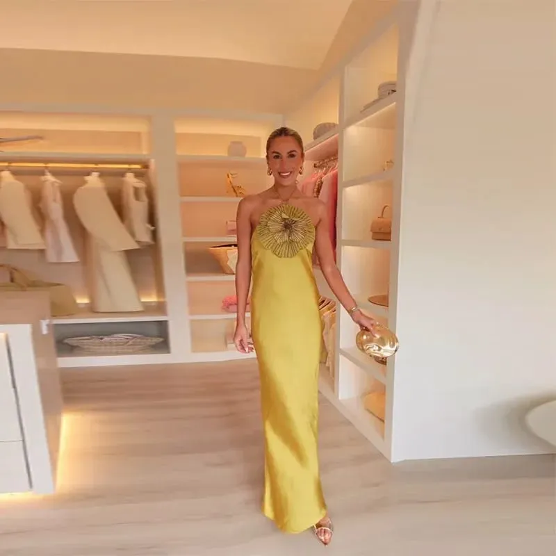Robe de soirée élégante en Satin pour femmes, col licou, sans manches, dos nu, Chic, été, 2025