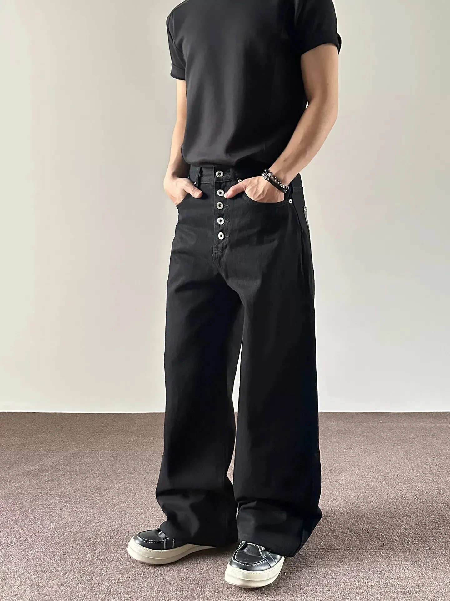 Men's Jeans Black Baggy Denim Pants American Style Rivet Five Button Pocket Loose Fit Streetwear Man Pants