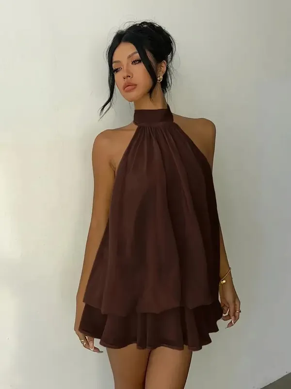 Women's Halter Neck Dress Backless Tie-Front Chiffon Sheer Mini Skirt Fashionable Sexy Y2K Vintage Cute Party Birthday Dress