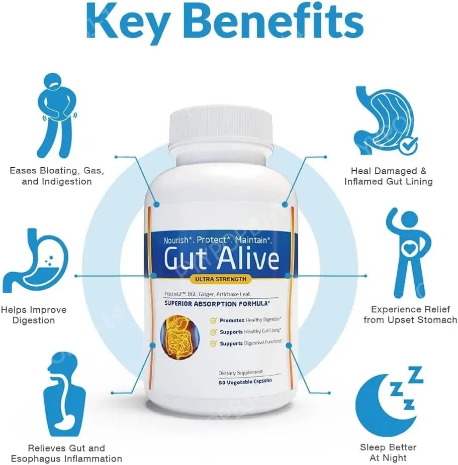 Gut Alive - All Natural Support to Fight IBS Heartburn Acid Indigestion Acid Reflux Bloating & Gas Unique Formulation 60 Count