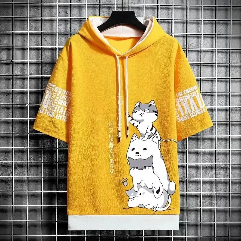 Hoodie Pria Fashion Jepang Pakaian Pria Musim Panas Atasan Bertudung Gambar Cetak Pakaian Jalanan Harajuku Kasual Kartun Kaus Pria Lengan Pendek