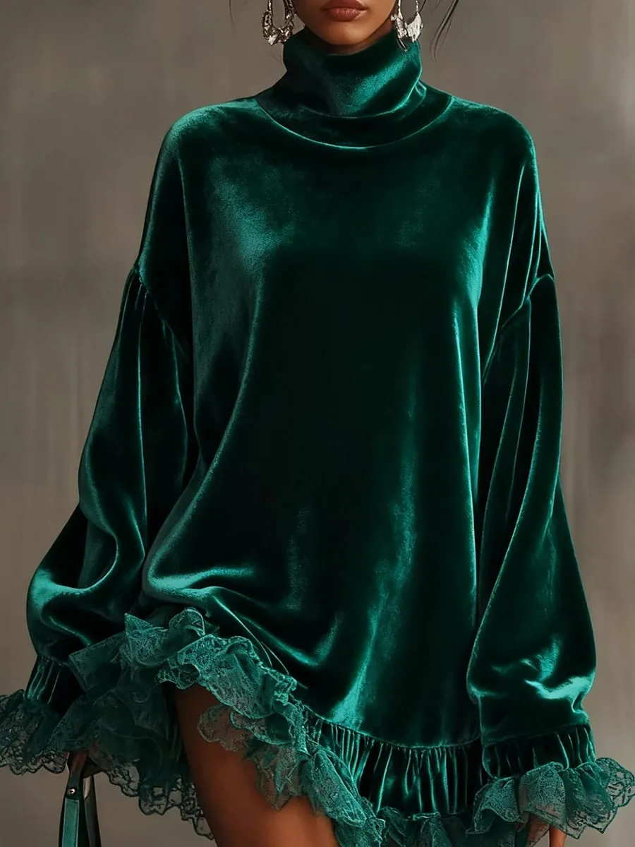 Luxury Turtleneck Solid Velvet Evening Dress Women Sexy Patchwork Lace Long Sleeve Ruffle Autumn Loose Banquet Party Dress