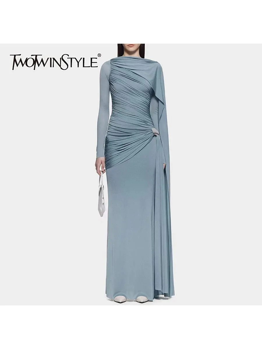 Slimming Spliced Folds Temperament Dresses for Women Round Neck Long Sleeves Patchwork Ribbon Dress Female Clothing