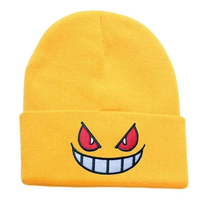 Pokemon Gengar Kartun Bordir Beanies Rajutan Skullies Musim Gugur Musim Dingin Topi Wol Hangat Gengar Wanita Pria Beanies