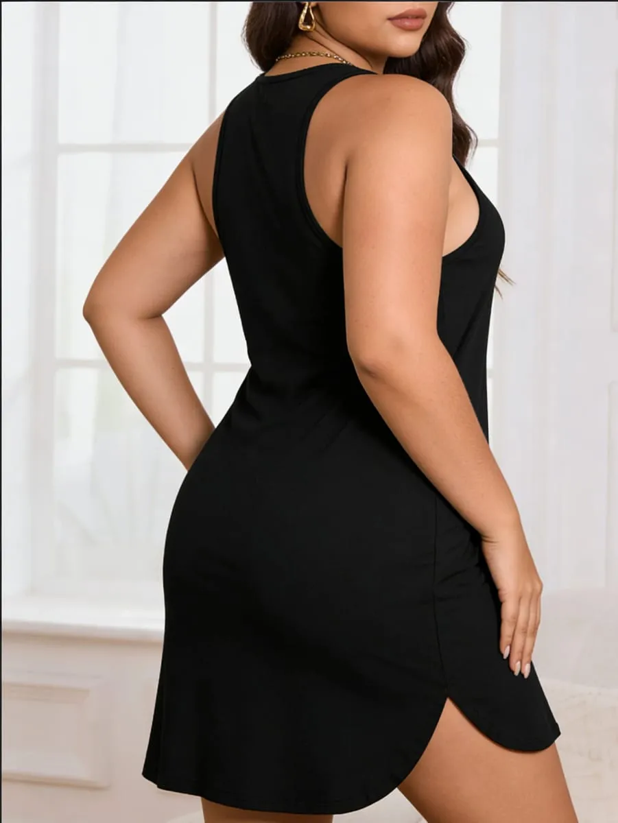 Large-Size Lady's 'Chocolate' Print Round-Neck Pullover Dress With a Close-Fitting and Comfortable Design Suitable for Casual