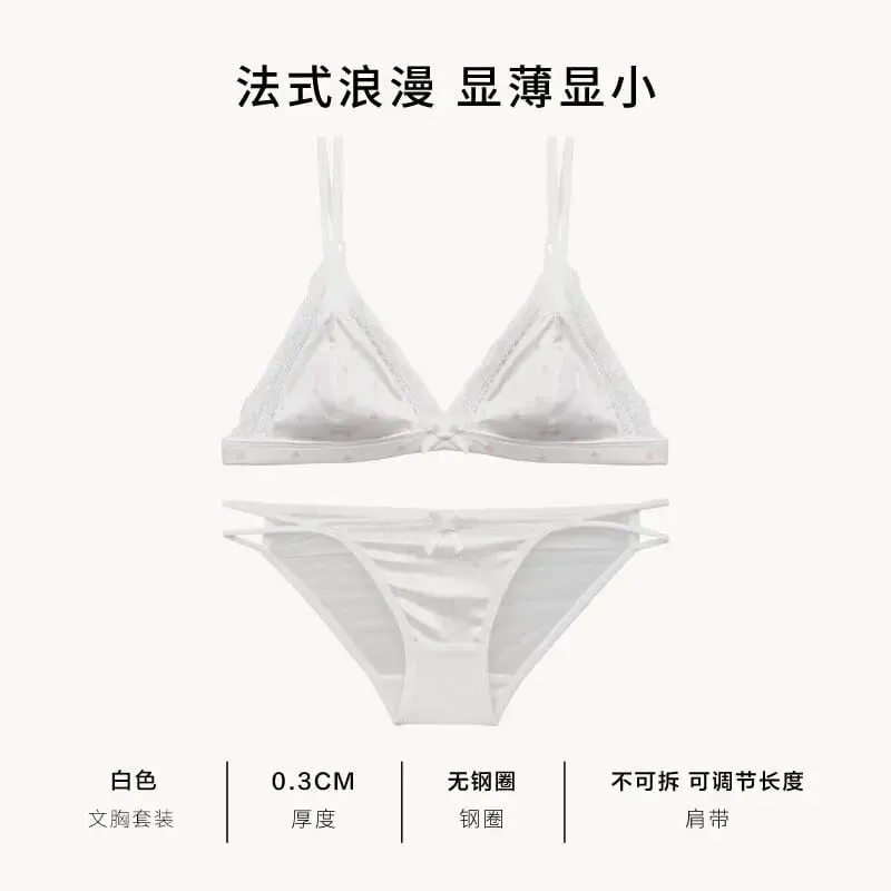 French Satin Lace Triangle Bra Set Wireless Thin Cup Small Bust Push Up Lingerie Side Support Anti Sag Sexy Women Underwear S-XL