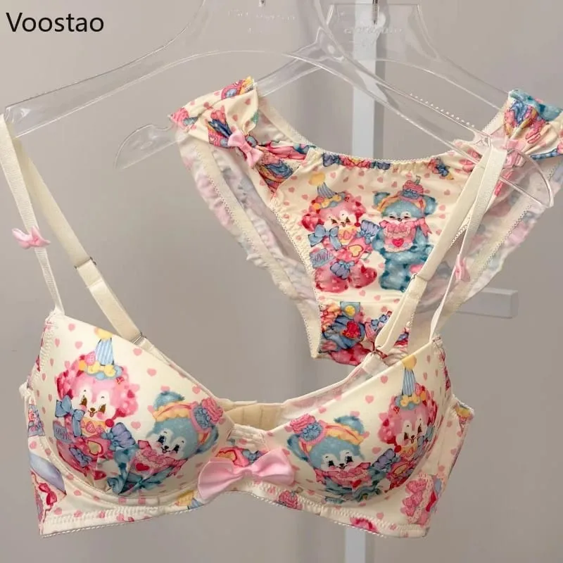 Japanese Sweet Lolita Style Women Cute Candy Rabbit Print Bra Panties Lingerie Set Girls Kawaii Underwear Panty Intimates Sets