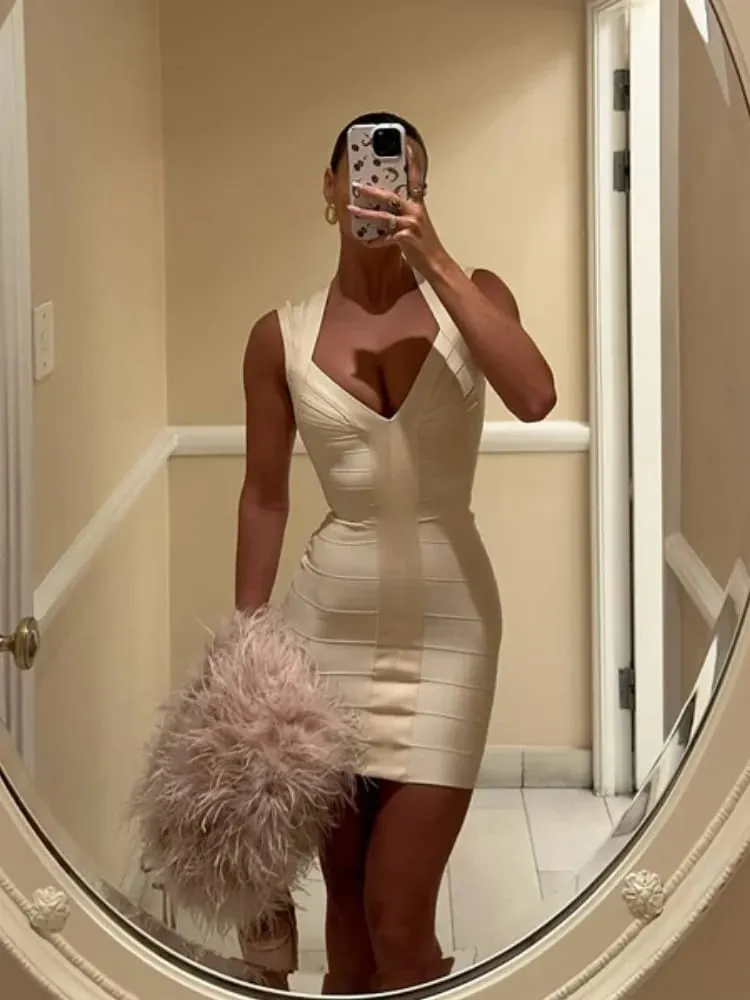 Sexy Solid Color Deep V-neck Hip Hugging Dress Summer Women Sleeveless Waist Cinched Mini Dresses Lady Daily Party Short Gown