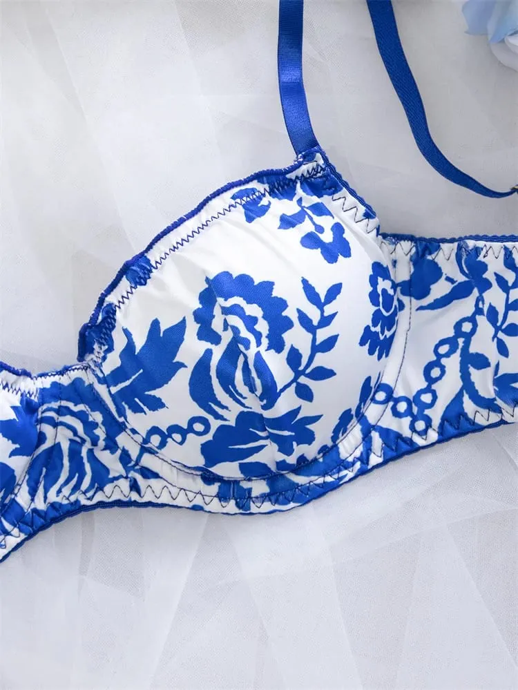 Women's Lingerie Blue Floral Print Bra Panty Set Elegant Intimate Underwear Breathable Gather Bra Comfortable Daily Lingerie Set