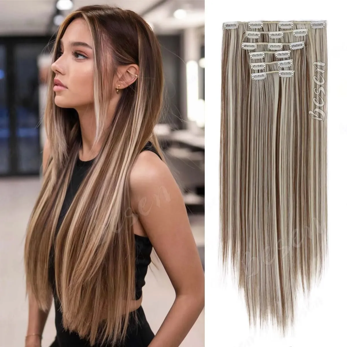 Synthetic 24Inch 16 Clips in Hair Extensions Long Straight Hairstyle Blonde Black Hairpieces Heat Resistant False Hair Daily Use