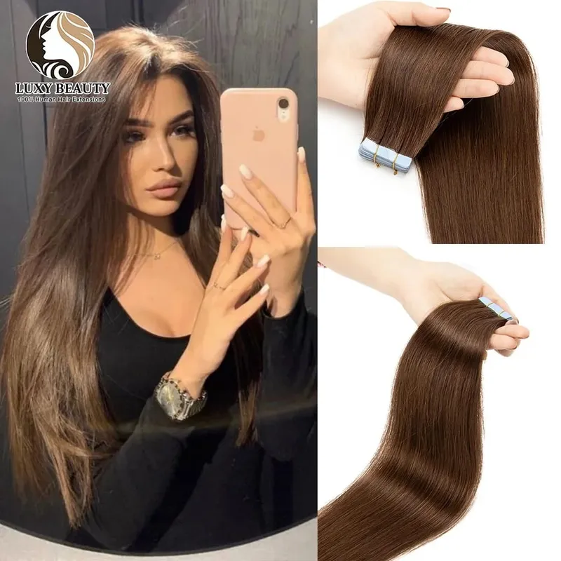 Fita balayage longa e reta em extensões de cabelo, cabelo humano real, sem costura, trama de pele, fita pu, cabelo natural, preto, marrom, loiro, 20 peças