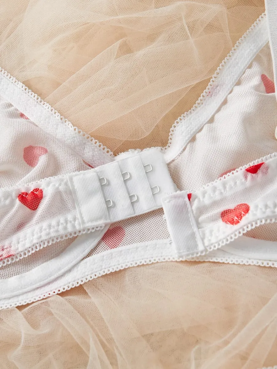 White Red Heart Polka Dots Mesh Sheer Lace Babydoll Sensual Lingerie Bra Set For Women Underwear Intimate Sexy Panty Set 2026