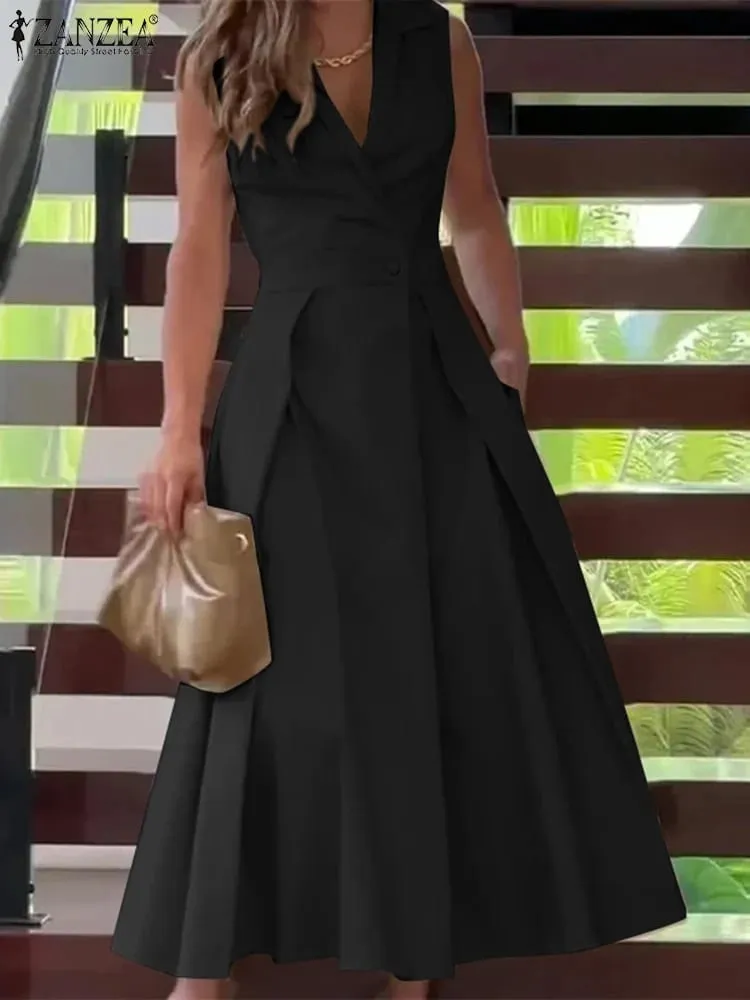 Pendlermode Midikjole Sommer Revershals Elegant Cinched Talje Plisseret Kjoler Kvinder Solid Farve A-line Vestidos