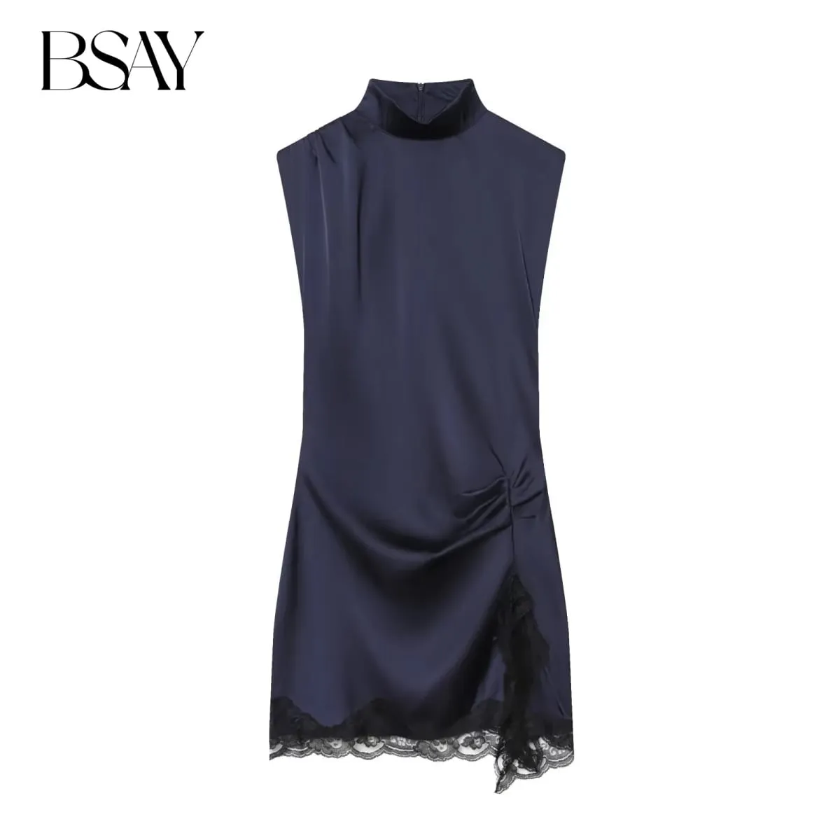Satin dresses women's clothing fashion back zip hem lace patchwork slit sexy nightclub mini dress chic French Evening