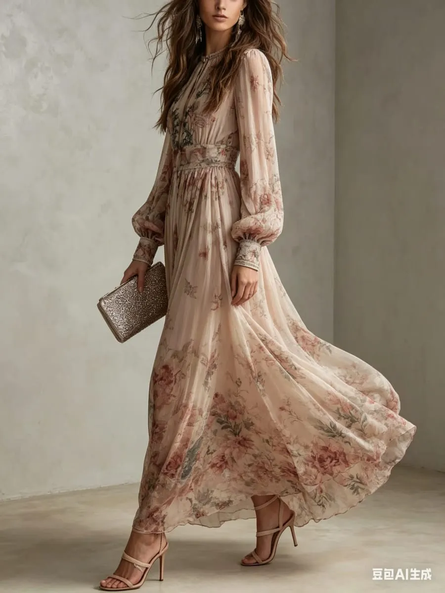Elegant Long Sleeve Chiffon Long Dresses For Women 2026 Fashion Floral Print Slim Party Maxi Dress Casual